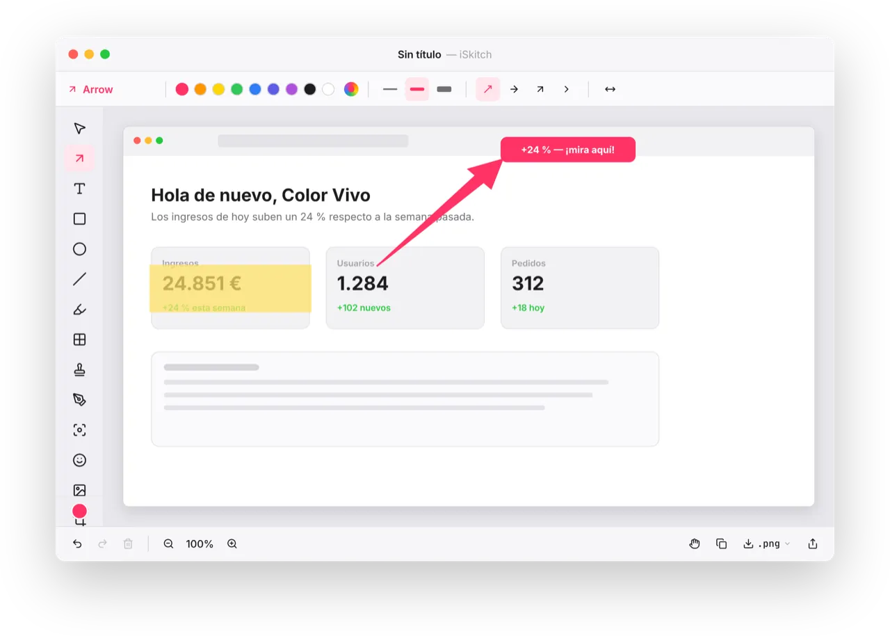 Captura del editor de anotaciones de iSkitch mostrando una web de marketing capturada con flechas rojas, etiquetas de texto, un resaltado magenta y zonas pixeladas — herramientas de anotación funcionando en macOS.