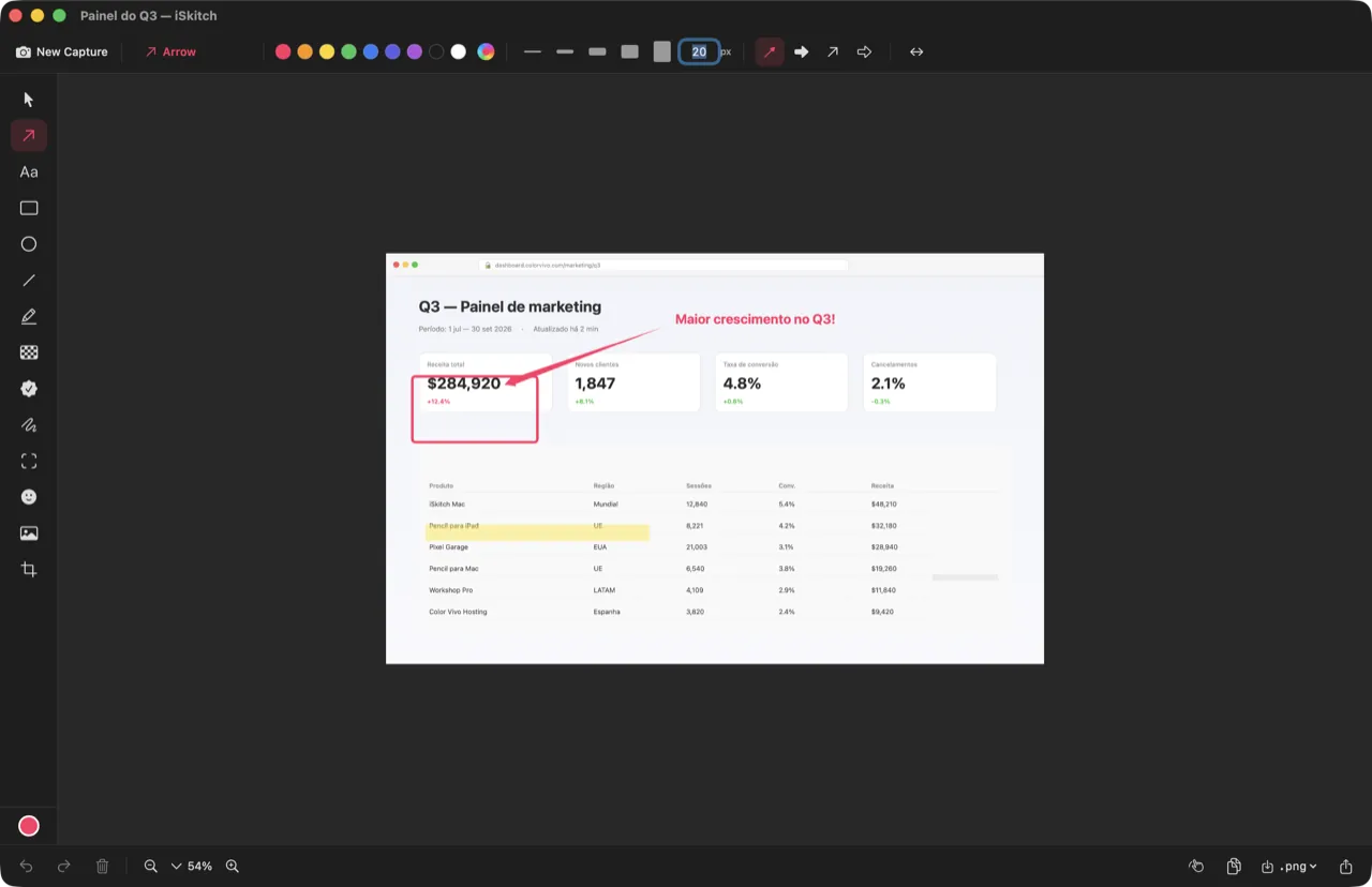 Captura de ecrã do editor de anotações do iSkitch a mostrar a captura de um site de marketing com setas vermelhas, etiquetas de texto, realce magenta e zonas pixelizadas — ferramentas de anotação em ação no macOS.