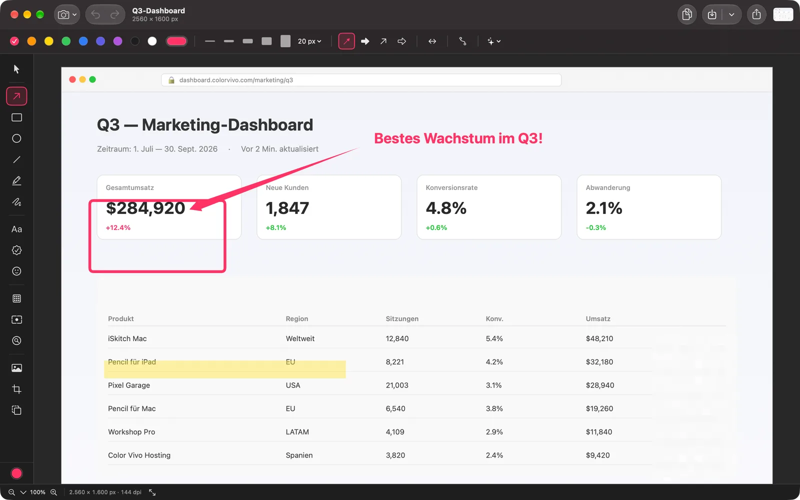 Der Editor von iSkitch 2.0: Symbolleiste des Systems, links gruppierte Werkzeuge, oben die Optionsleiste und unten eine Statusleiste mit Zoom und Größe.