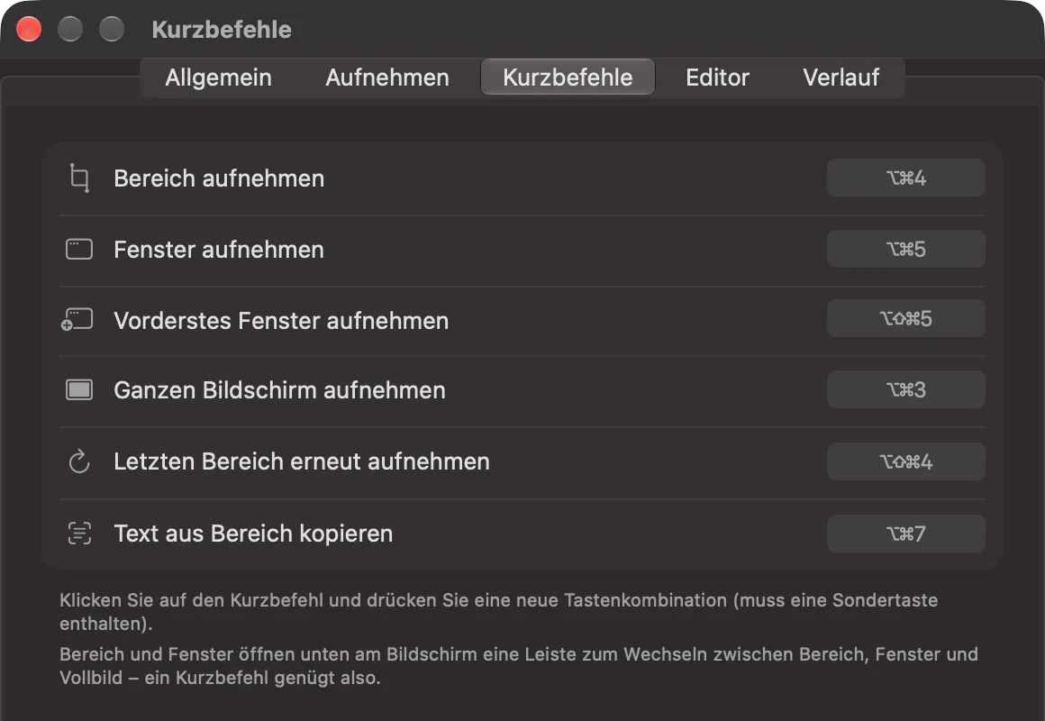 Die Einstellungen von iSkitch, Tab „Kurzbefehle“, mit den globalen Kurzbefehlen für jede Art von Aufnahme.