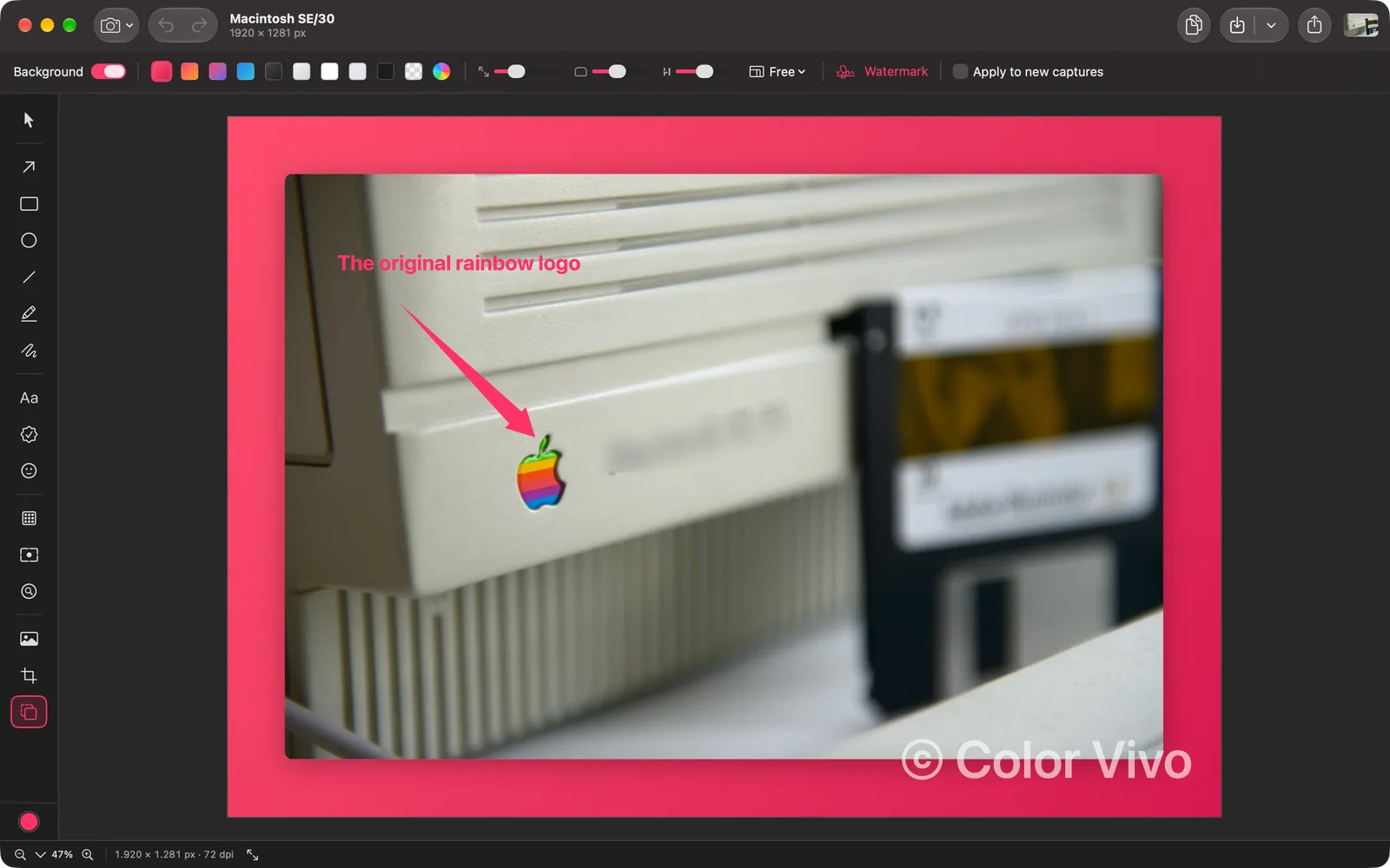 A photo of a Macintosh SE/30 on a pink gradient background with rounded corners and a Color Vivo watermark.