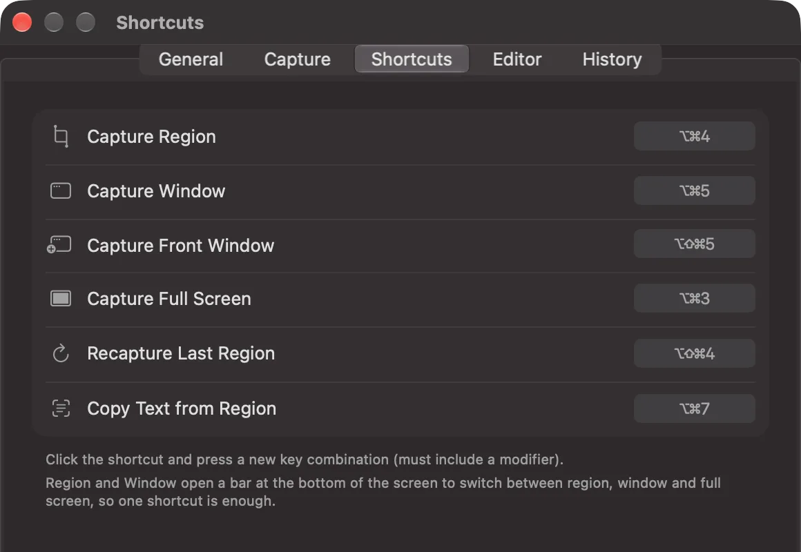 iSkitch Settings, Shortcuts tab, with the global shortcuts for each type of capture.
