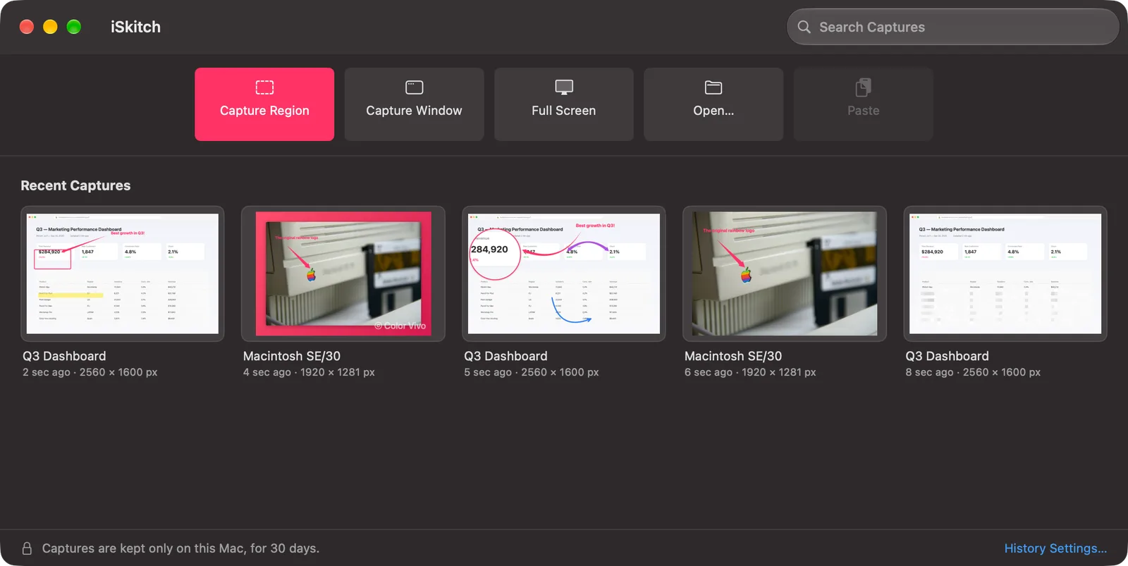 The new start window with buttons to capture and a grid of recent captures, each still editable.