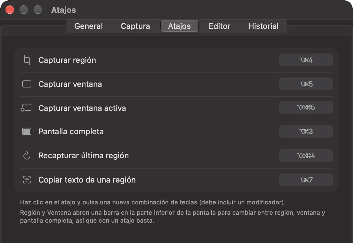 Los Ajustes de iSkitch, pestaña Atajos, con los atajos globales de cada tipo de captura.