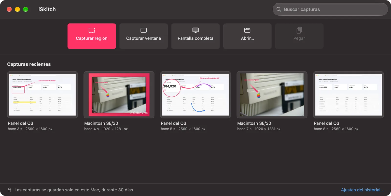 La nueva ventana de inicio con botones para capturar y una rejilla de capturas recientes, todas editables todavía.