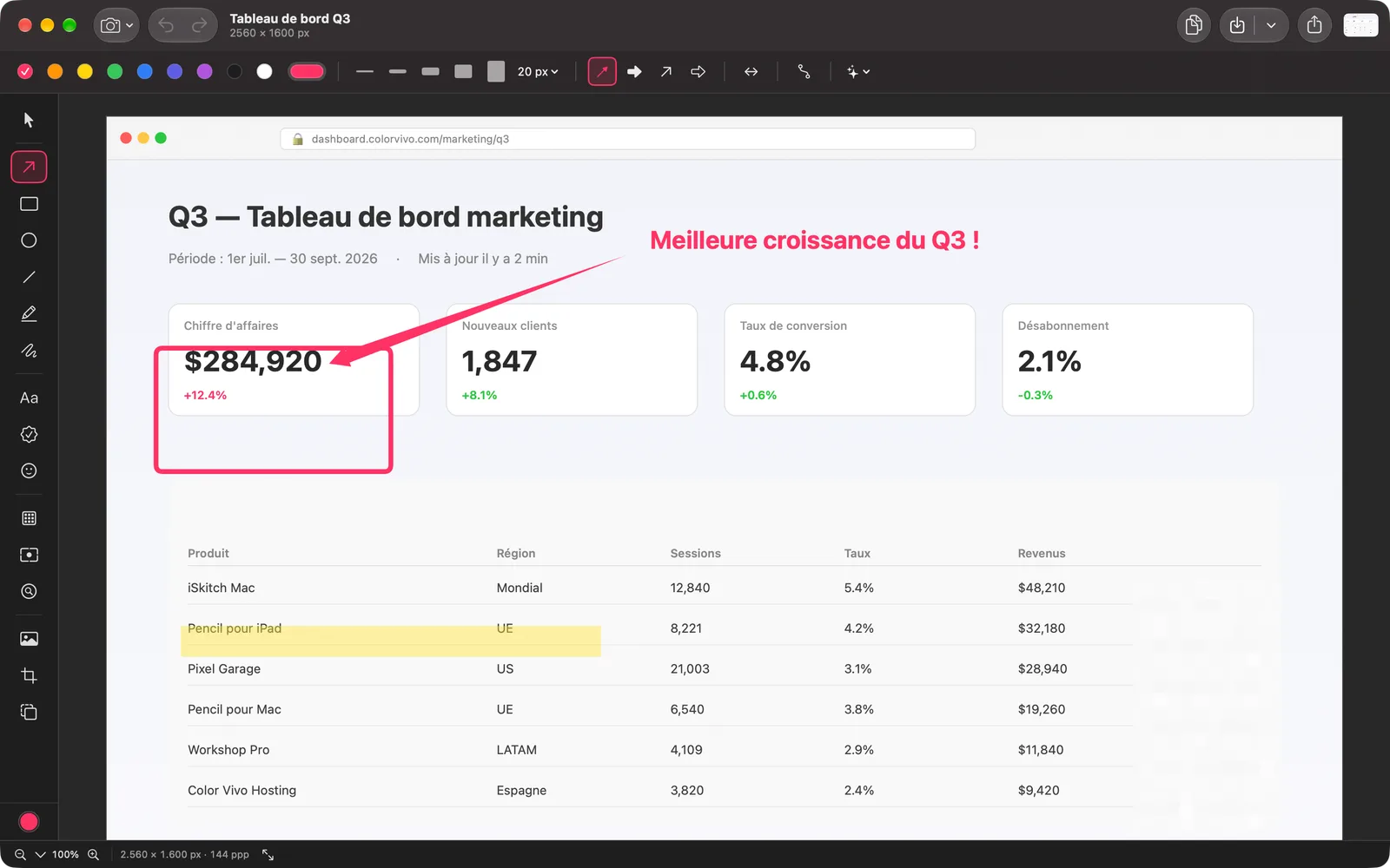 L'éditeur d'iSkitch 2.0 : barre d'outils du système, outils regroupés à gauche, barre d'options en haut et barre d'état avec le zoom et la taille en bas.
