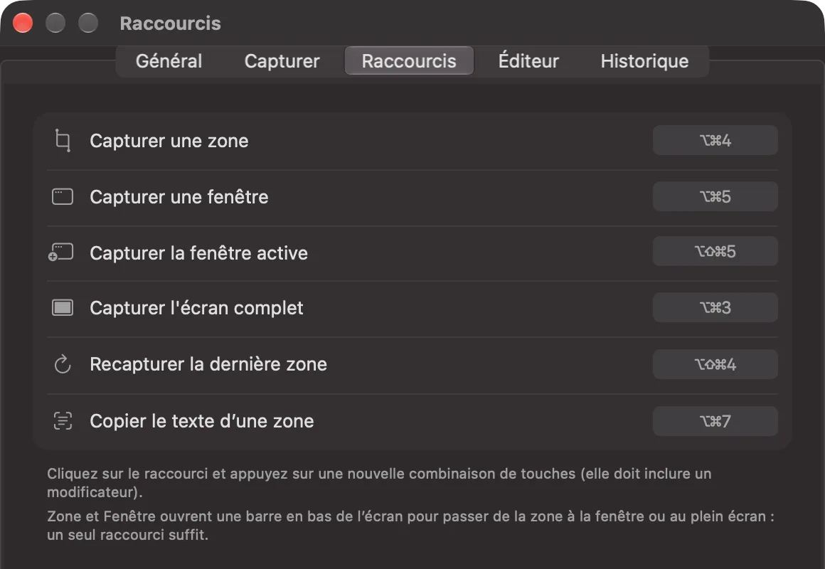 Les Réglages d'iSkitch, onglet Raccourcis, avec les raccourcis globaux de chaque type de capture.