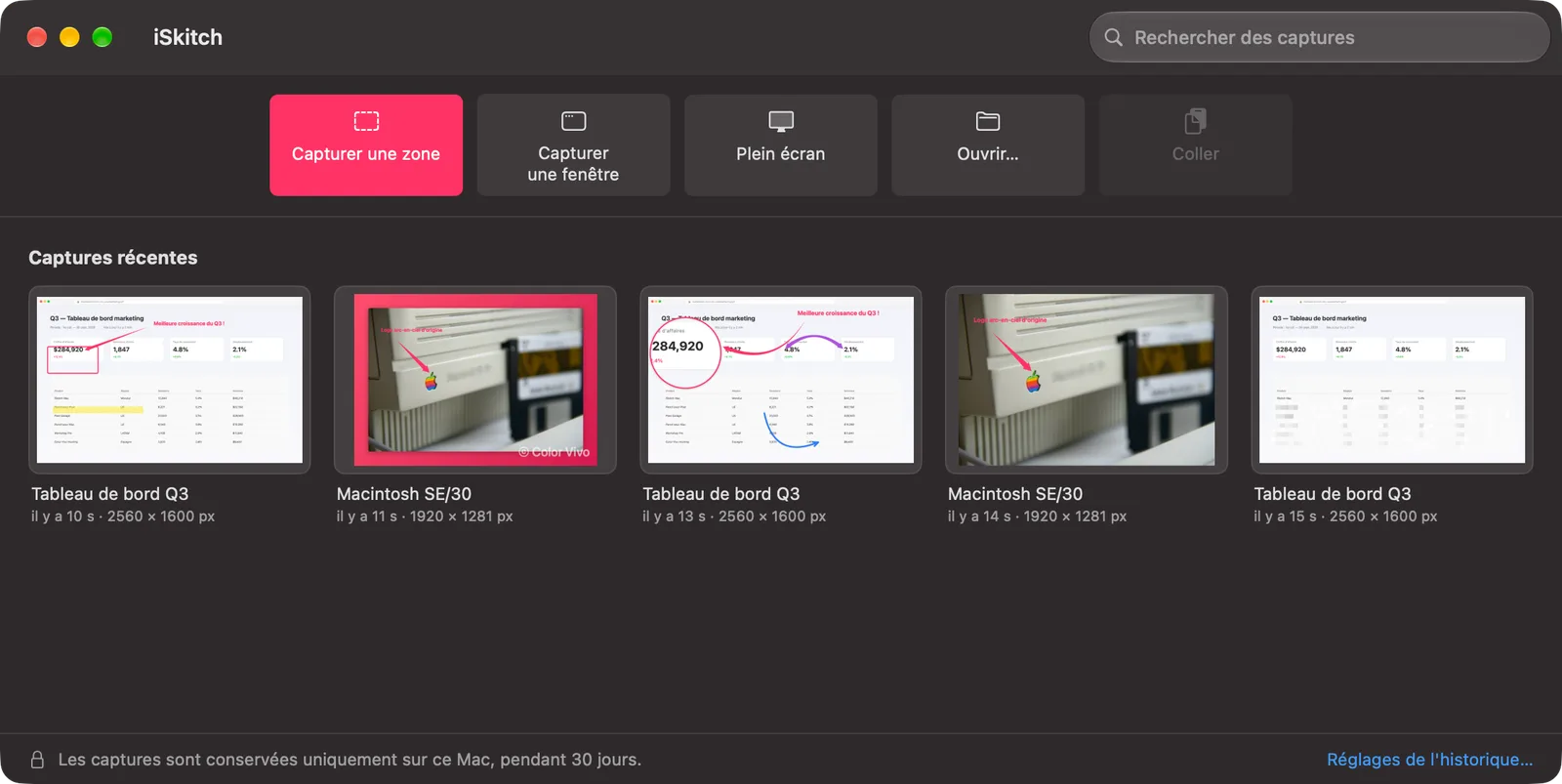 La nouvelle fenêtre d'accueil avec des boutons pour capturer et une grille de captures récentes, toutes encore modifiables.
