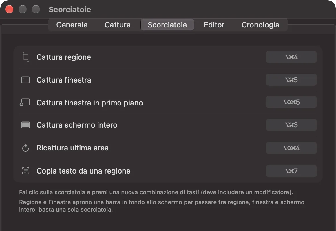 Le Impostazioni di iSkitch, pannello Scorciatoie, con le abbreviazioni globali di ogni tipo di cattura.