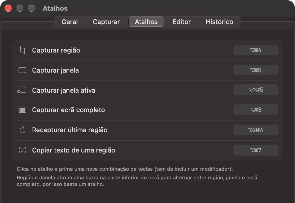 As Definições do iSkitch, separador Atalhos, com os atalhos globais de cada tipo de captura.